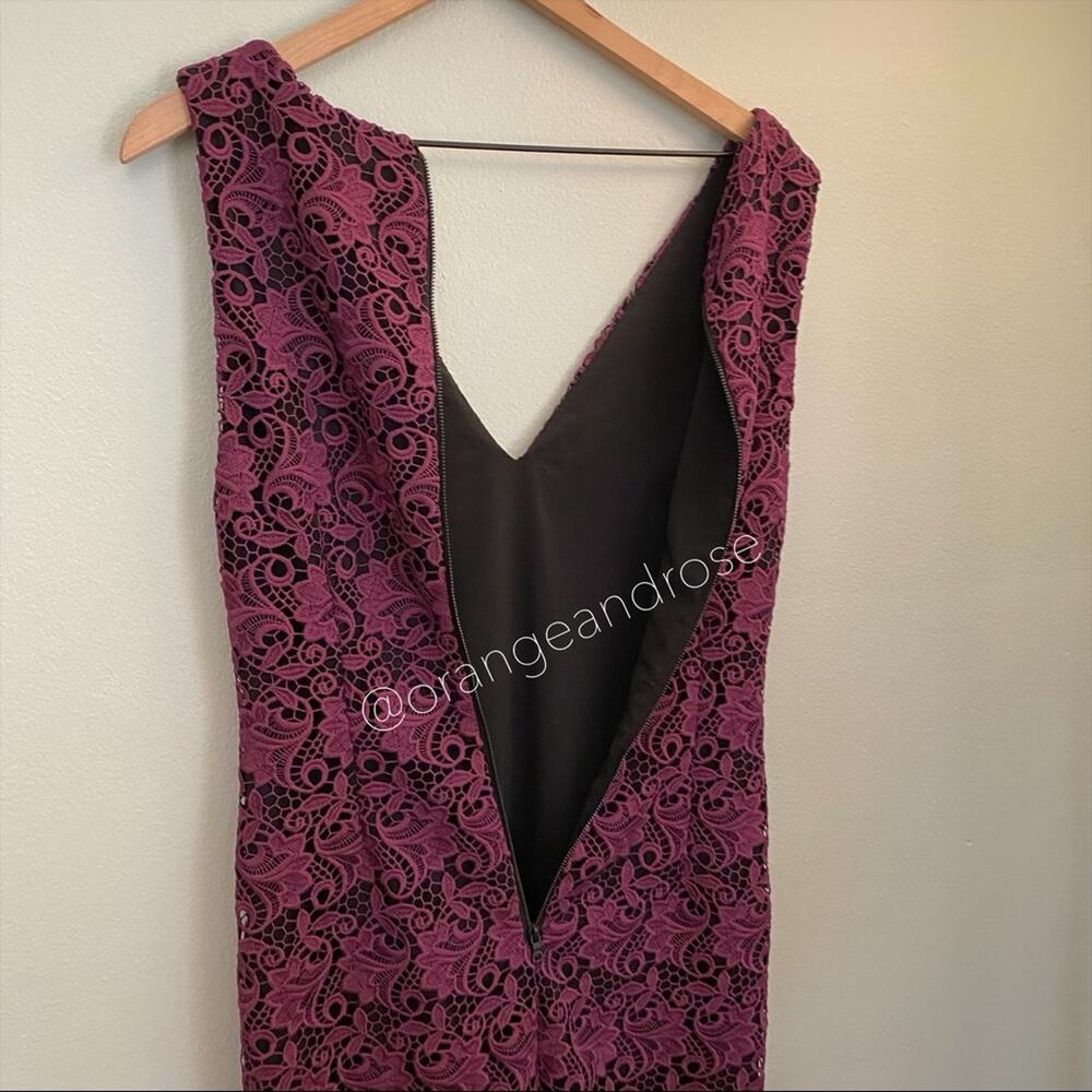 Alice + Olivia Purple Black Lace Floral Intricate V Neck MIDI Gown Dress Event 6 - Picture 10 of 16